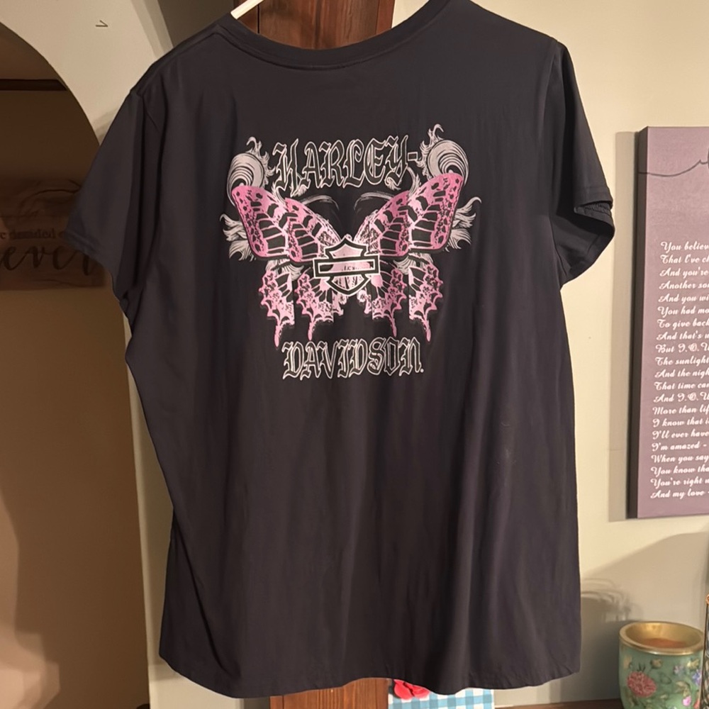 Harley Davidson Black T-Shirt with Pink Butterfly Design